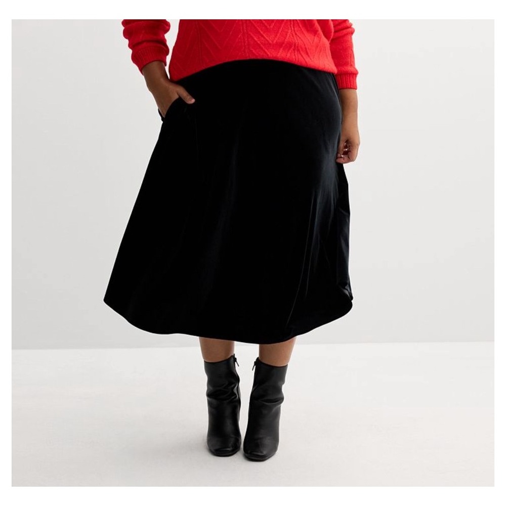 Croft & Barrow Skirt Women 3X Black Velvet Midi Relaxed Pockets NEW